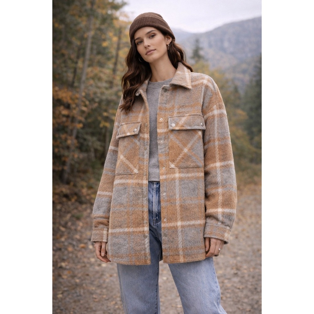 BLANKNYC Plaid Shirt Jacket Shacket Pink Tan Beige Women's Size S Button Up Fall